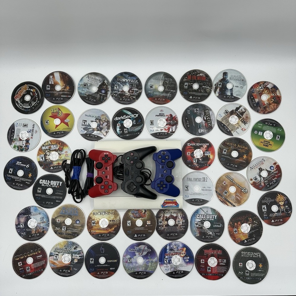 PlayStation 3 PS3 Super Slim 500GB White Console Bundle W/ Controllers 38 Games